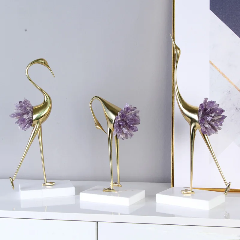 New Chinese Crystal Crane Copper Ornaments Light Luxury European Modern Living Room Home Metal Decoration Ornament
