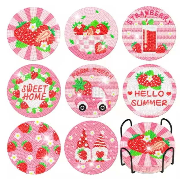 Strawberry Fruit Party DIY Diamond Round 8 Piece Acrylic Art Painting Coaster Set with Fruit Party Supplies Stand