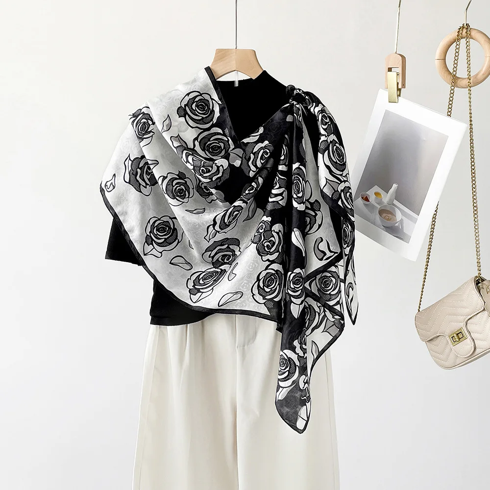 Black Brocade Outdoor Custom screen Digital printed silk scarf design beach brocade long shawl for women foulard en soie