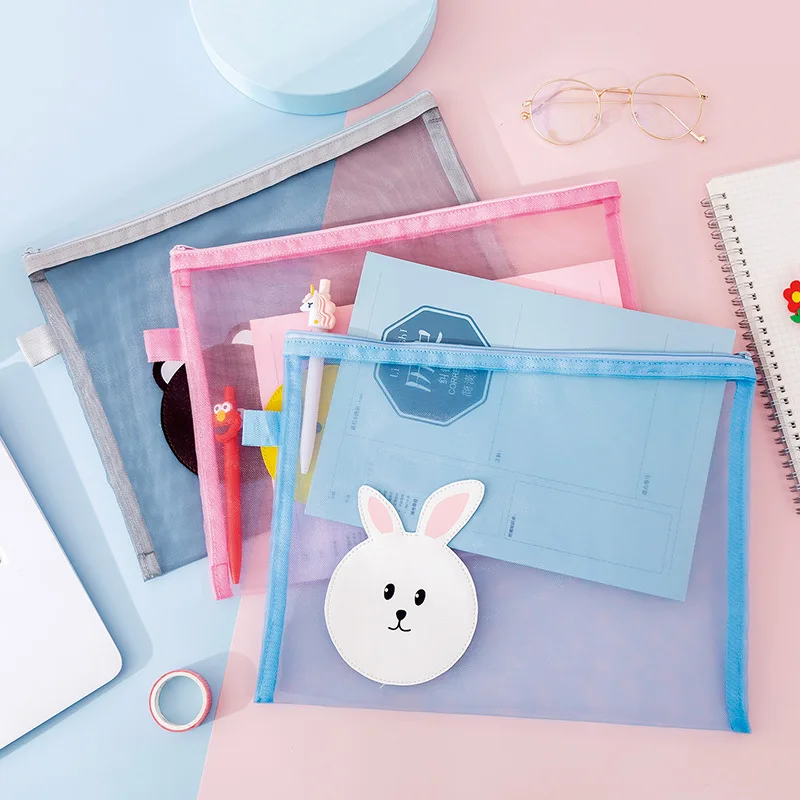 Q A4 Transparent mesh file pouch Multifunctional office file folder Student cartoon zipper pen pouch