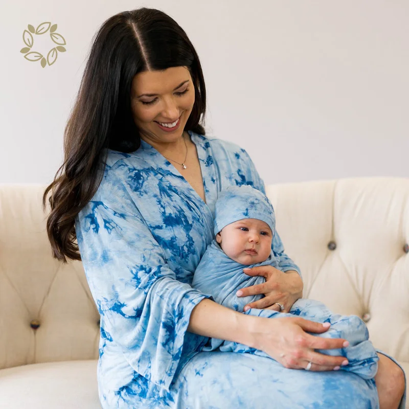  Tie Dye Maternity Robe Matching swaddle and Hat bamboo cotton mommy baby matching