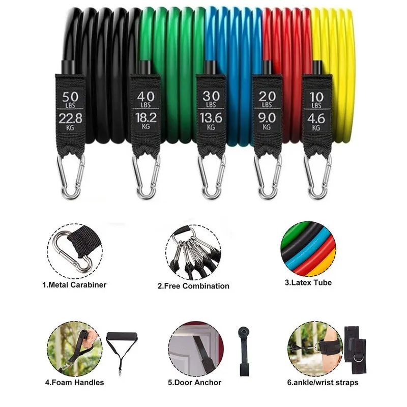 Workout Elastic Band Fitness Latex 11 pcs 150lbs Heavy Resistance Bands Tubes