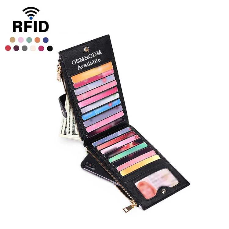 AZB537 Rfid Wallet Id Card Credit Card Holder Real Leather Black Women Long Purse Money Clip Buckle Money Clip Wallet