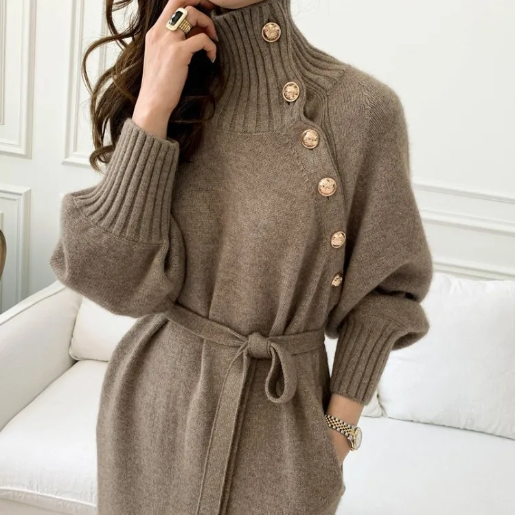 2024 Spring office lady turtleneck long sleeve loose fit  sweater dress elegant belt cable knit dress