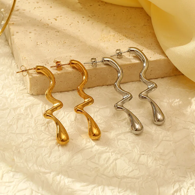 Wholesale Trendy Design Geometric Teardrop Earrings Vintage Irregular 18k Gold Stainless Steel Women Pendant Earrings Jewelry