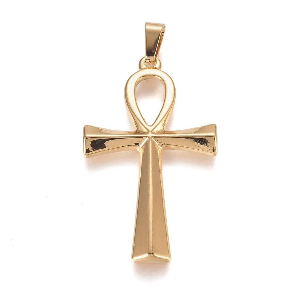 Pandahall 10pcs Golden 304 Stainless Steel Gift Gold Plated Ankh Cross Pendant