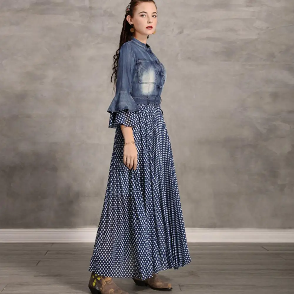 
Casual Summer Flare Sleeve Single Breasted Polka Dot Chiffon Patchwork Denim Maxi Dresses For Ladies 