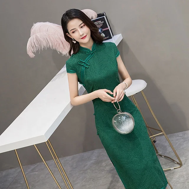 Платье-Ципао в китайском стиле, Элегантный Приталенный Сарафан до колен, с коротким рукавом, хлопковое вечернее, для женщин