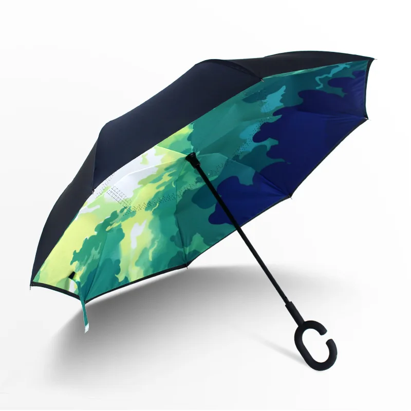 Wholesale black plastic ergonomic C shape handle double canopy inverted reverse umbrella with Navy and White Stripes Pattern