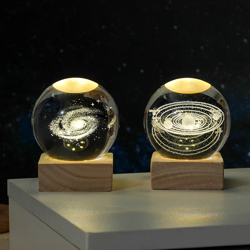 2024 New Creative Desktop Decoration LED Crystal Ball Rechargeable Night Light Touch Power Generation Modern Wooden Bedroom