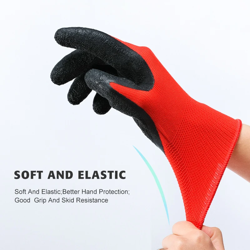 13G Red Working Polyester Gloves Latex rubber Coated Gloved Crinkle wrinkle palm  Finish Gloves for hand protective
