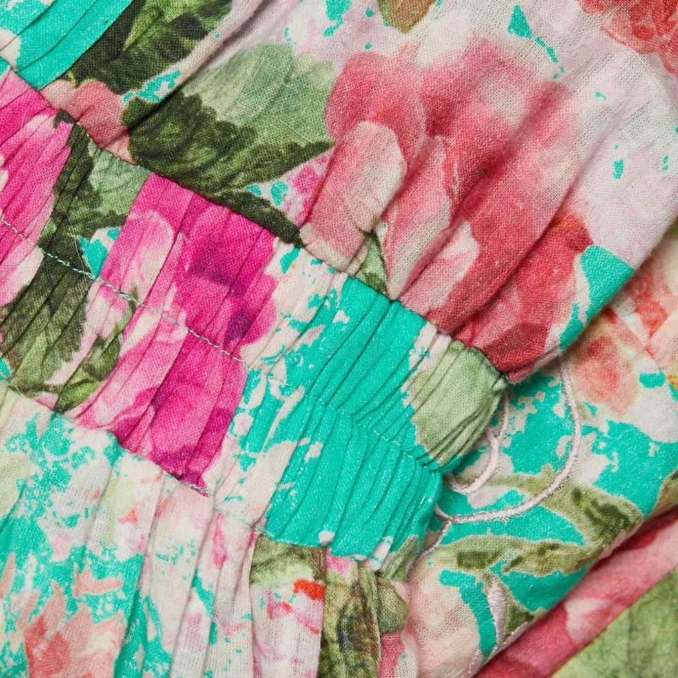 OEM Custom Summer Vintage Pink Chiffon Floral Print Mini Casual Dress Women Puff Sleeve Button Decoration XL Size Cotton Fabric