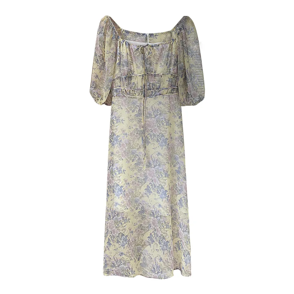 Chiffon printed square neck short sleeve dress for women in summer Europe America Japan and South Korea thin style elegant dre