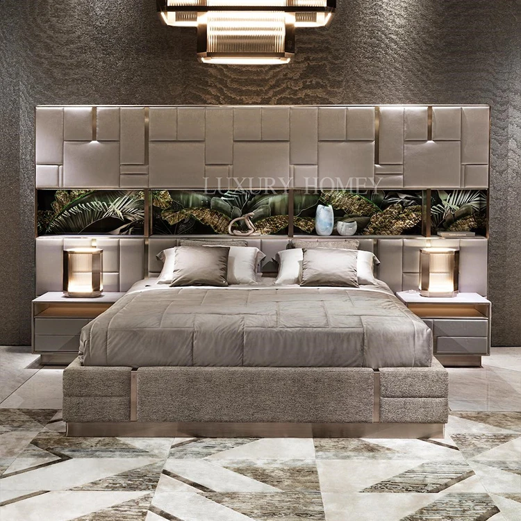 Italian Latest Luxury Bedroom Furniture High End Leather Double Bed Big Headboard Design Luxury Modern King Size Bed