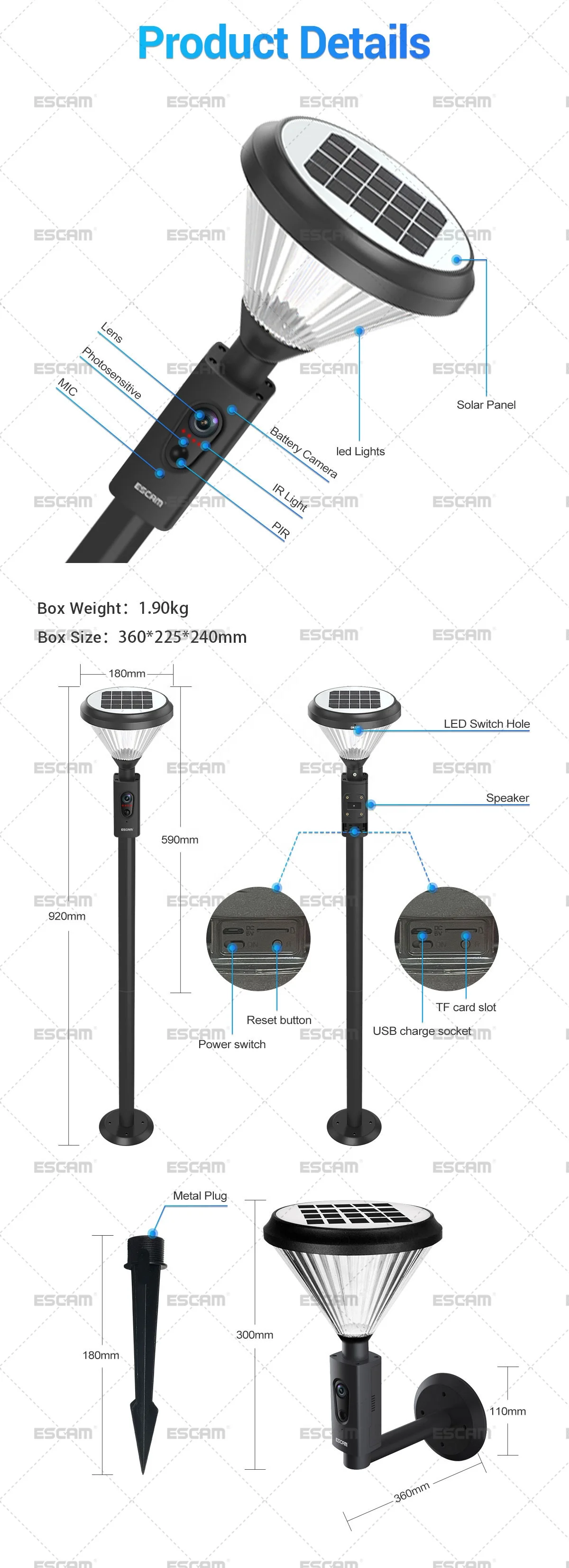 ESCAM QF190 Wireless 1080P Garden Light PIR Human Body Detection WIFI Connection  Night Vision Lawn Light Camera