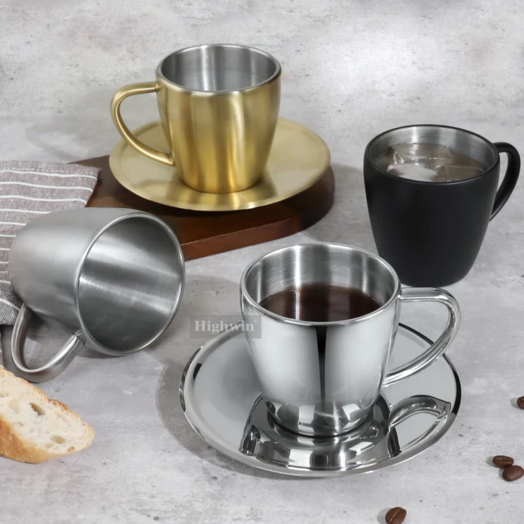 HIGHWIN Coffee Cups Set Stainless Steel Coffee Cup Double Walled Coffee Mug Optional with or without a saucer