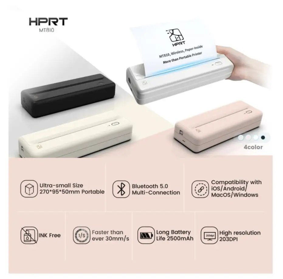 HPRT MT810 Portable A4 Paper Printer Mini Inkless Wireless Bluetooth Thermal Printer for Phone Photo Document