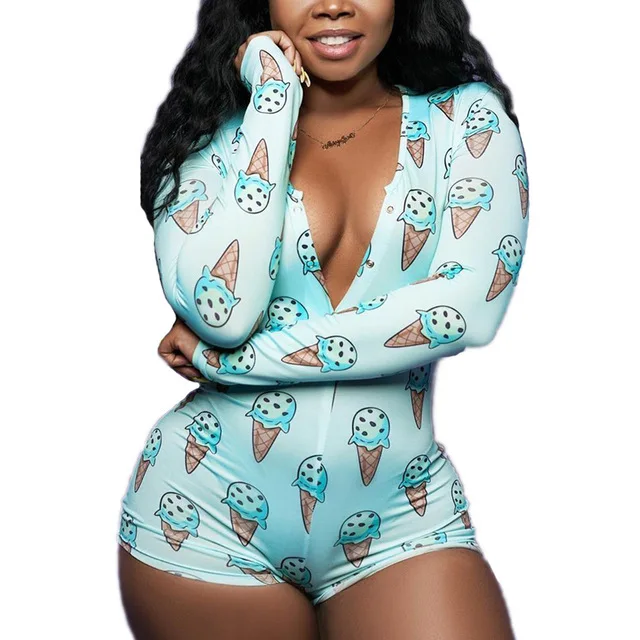 Sexy Long Sleeve Onesie Pjs for Women V Neck One Piece Bodycon Onesie Jumpsuits Rompers Pajamas (1600233129076)