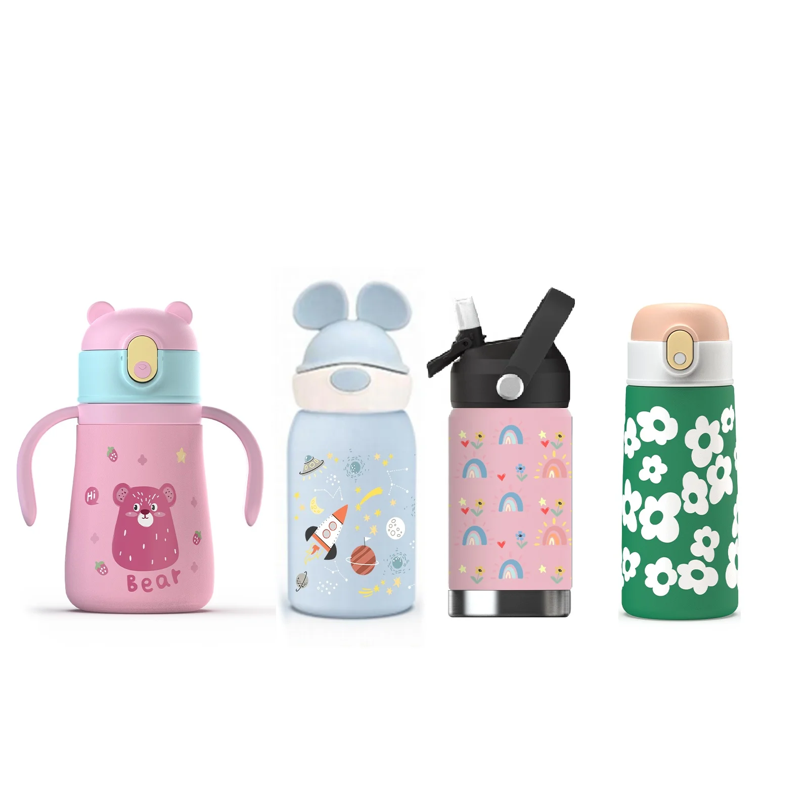 Cartoon Kids Water Bottle with Straw Double Wall Stainless Steel Thermal Bottle Vacuum Insulated for Toddlers