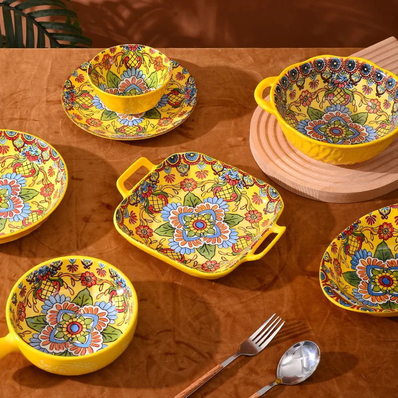 New Arrival Bohemian Dinnerware Set Household Ceramic Tableware Plate Yellow Flower Soup Bowl Dish Wholesale Retro