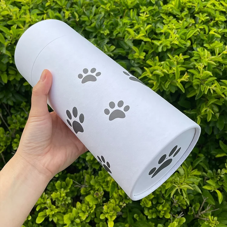 Biodegradable paper tube packaging cat paw printed pet urn cremation ashes animal coffin casket outdoor water river