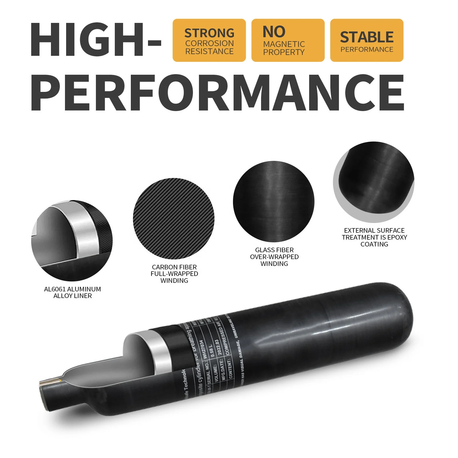 GP High Pressure  0.58L Carbon Fiber Gas Cylinder 4500psi 300Bar PCP Air Tank for Paintball