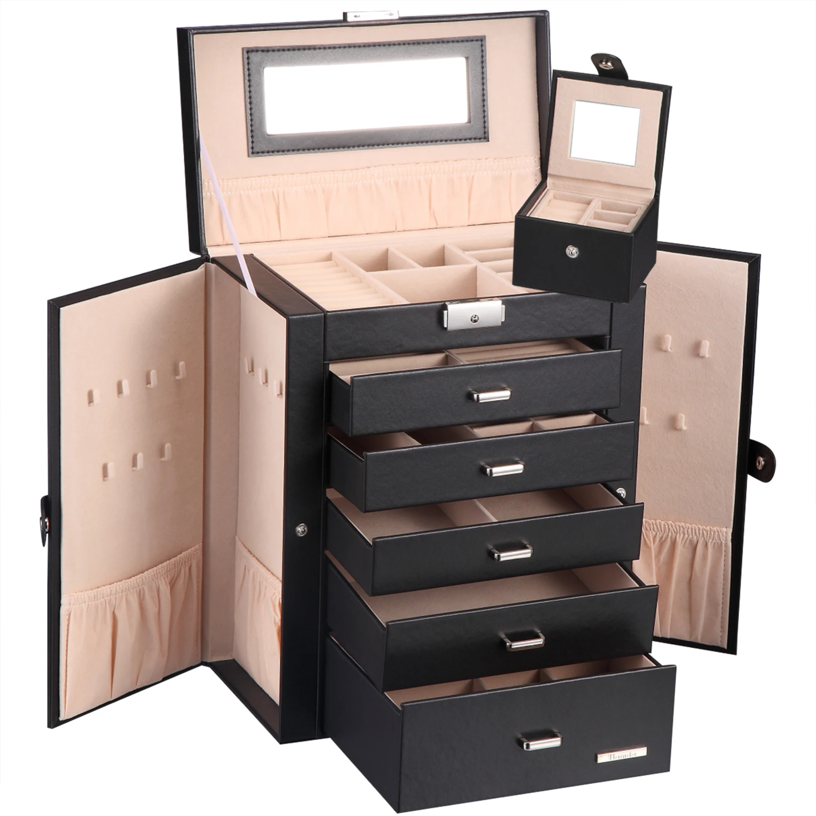 YOUBEI Large Capacity  2 in 1 PU leather Jewelry Box for rings earrings necklaces pendants watches