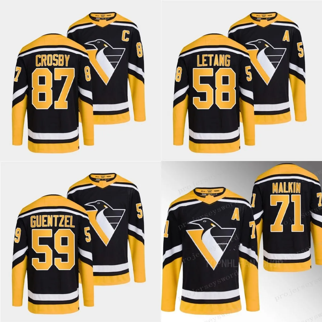 2023 Reverse Retro 2.0 Pittsburgh Penguins Hockey 71 Evgeni Malkin 87 Sidney Crosby 58 Kris Letang 59 Jake Guentzel Jersey S-3XL