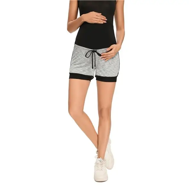 Hot Selling Over Belly Double Layer Maternity Yoga Shorts With Invisible Pockets