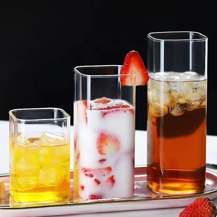 16oz transparent clear square shape glass cup high borosilicate cold hot water milk dessert cup thin glass