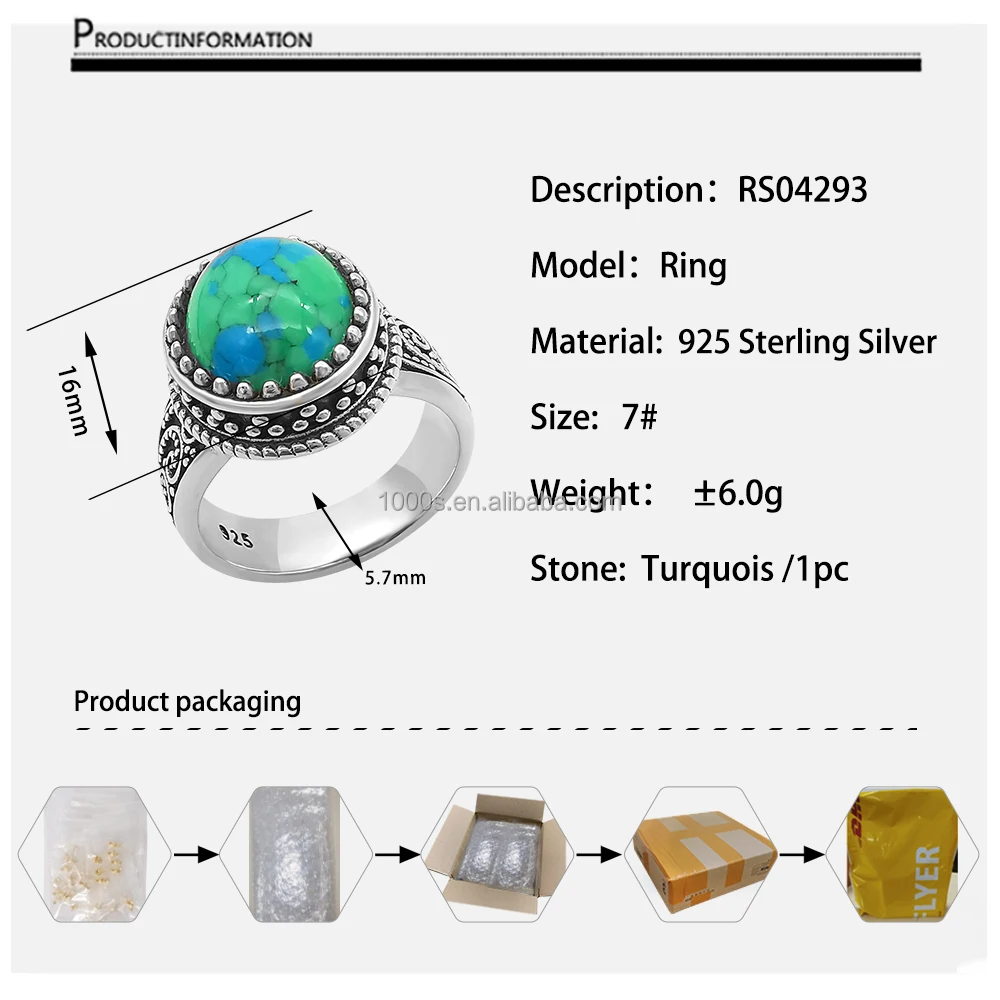 1000S Factory direct sales 925 sterling silver Round Turqouis Ring Classical Temperament Custom Wholesale Ring