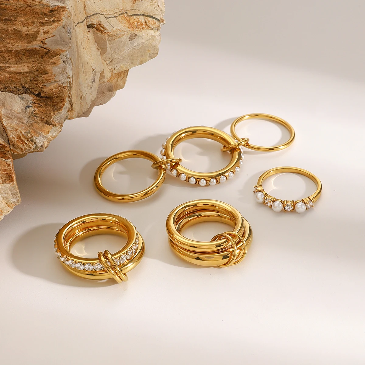 J&D Luxury 18K Gold Plated Stainless Steel  Rings Women Jewelry Irregular Wave Double Finger Rings Sets