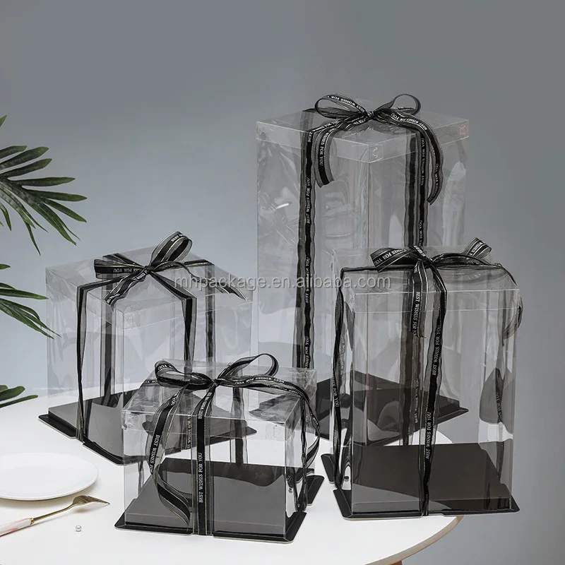 Square Pink Packaging Plastic Birthday Party 4 inch 6 inch 8 inch 10 inch 12 inch Clear Cake Boxes With Ribbon