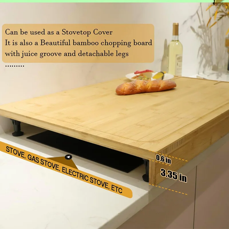 Bamboo Cutting Board and Stovetop Cover, Stove Top Cover Chopping Board with Detachable Legs and Juice Groove