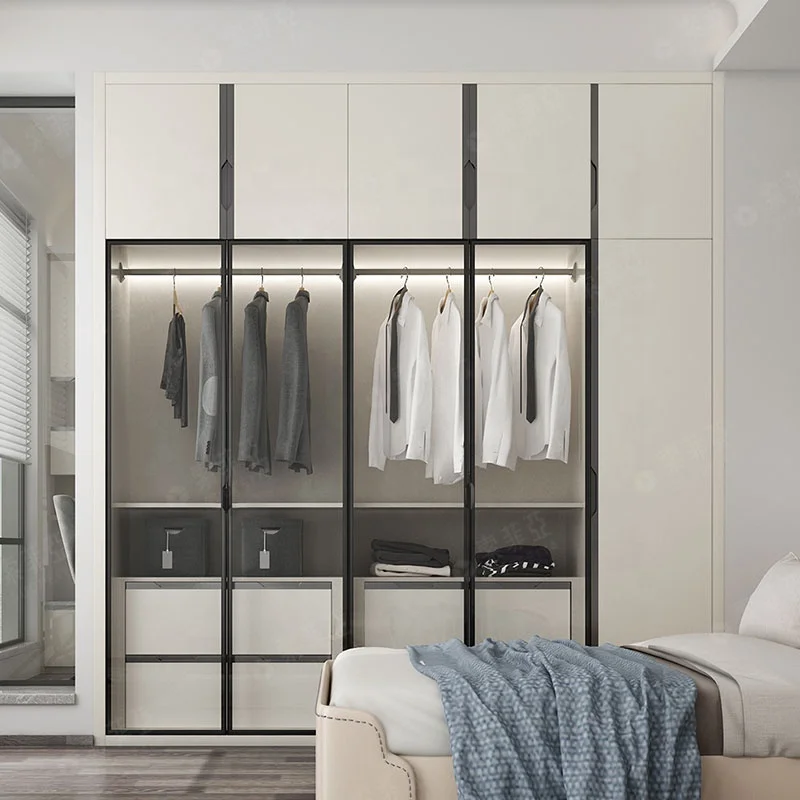 SUOFEIYA Minimalist White Lacquer Glossy Finish MDF Pull Out Doors Clothing Storage Wardrobes