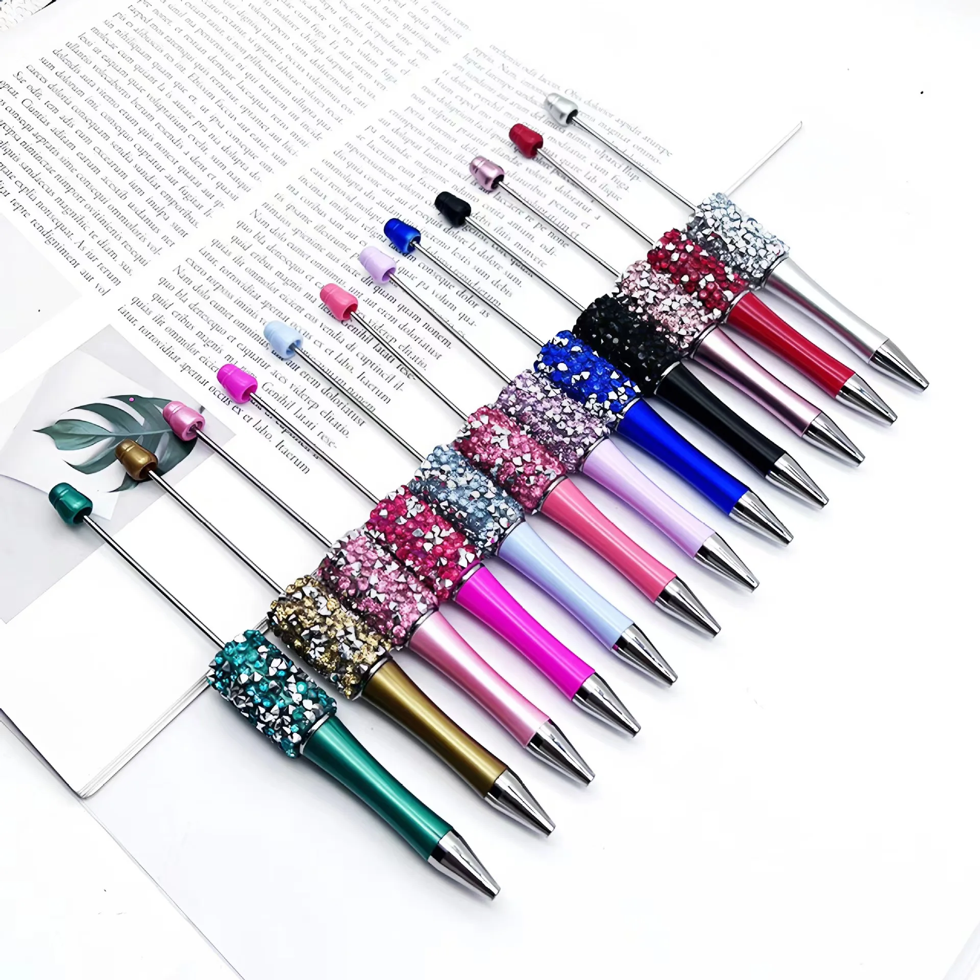 2024 Hot Sell DIY Beadable Charm Colorful Glitter Diamond Bling Creative New Design Beaded Pen Pencil Metal