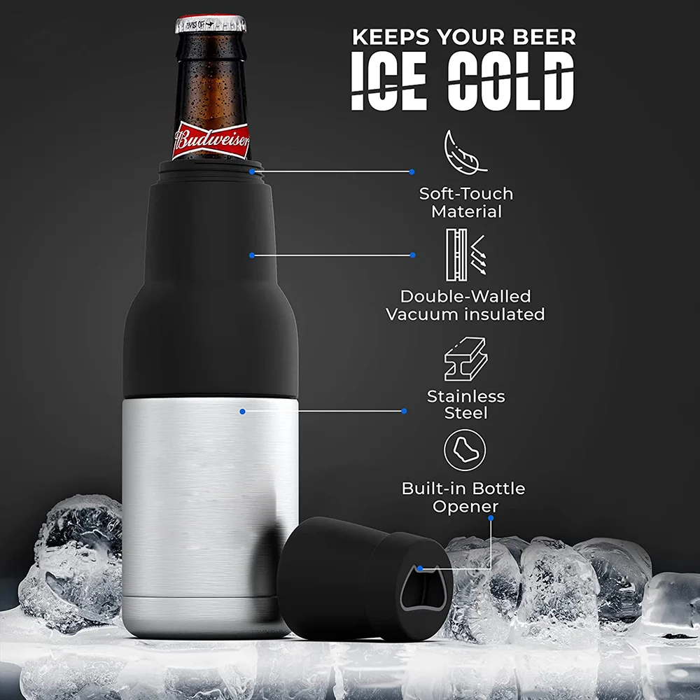 3 in 1 Vacuum Insulated Double Walled Stainless Steel Can Cooler Beer Bottle Cooler with Beer Opener