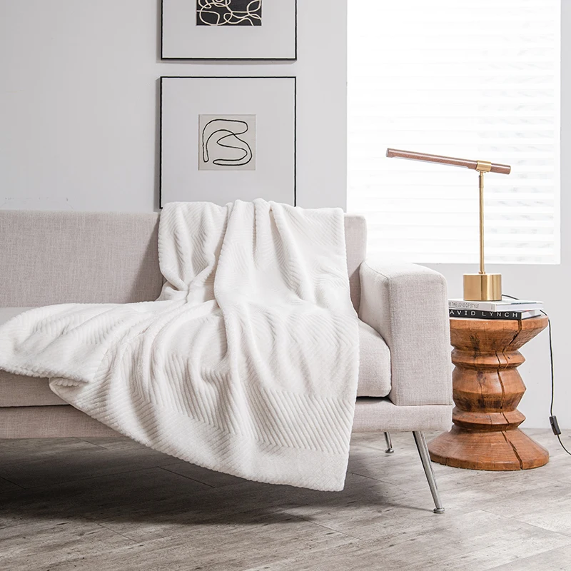 Monad Super Soft Warm and Cozy Striped Faux Rabbit Fur Herringbone Blanket White Fleece Blankets Bulk for Sofa Bed Living Room