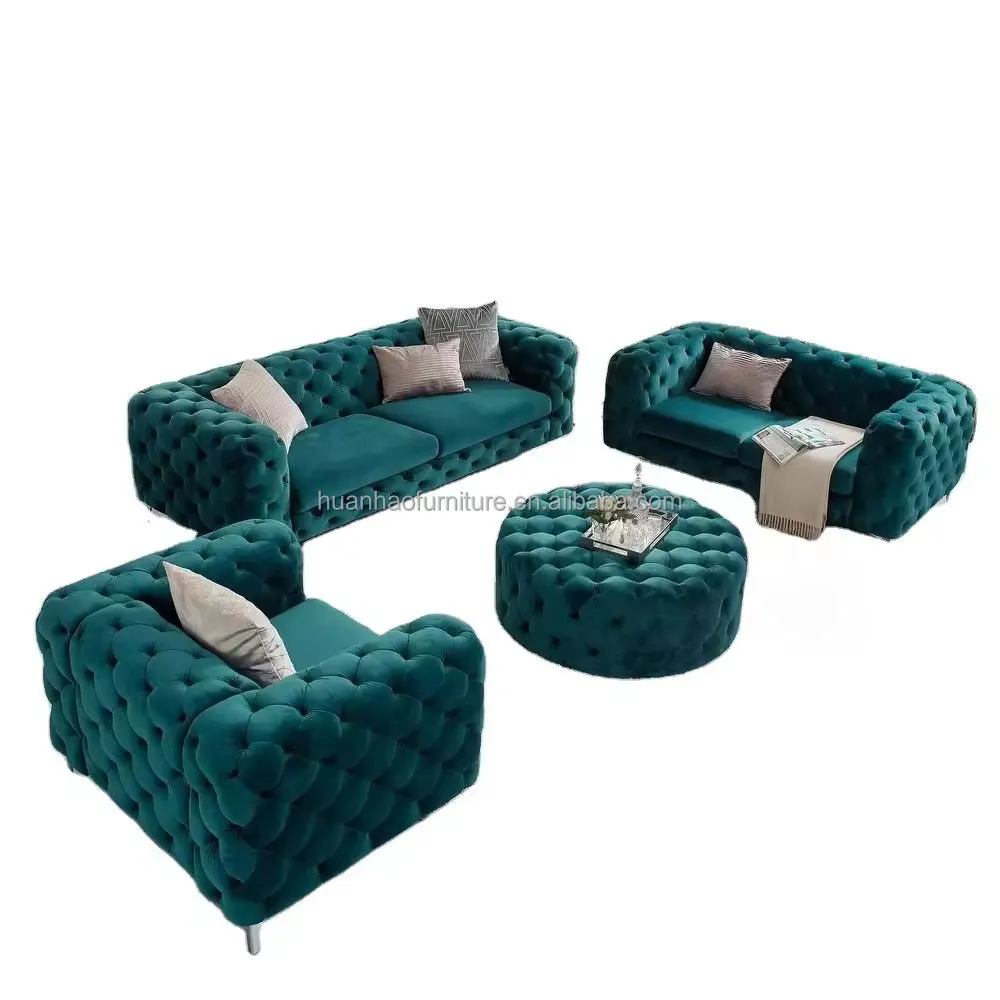 Wholesale Green Velvet Chesterfield Sofa Modern Luxury Fabric Couch Home Sofa Set Living Room Furniture