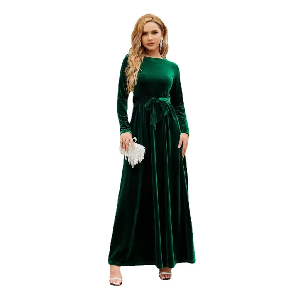 Europe and the United States 2024 Autumn and Winter Elegant Long Dress Gold Velvet Solid Color Premium Dress