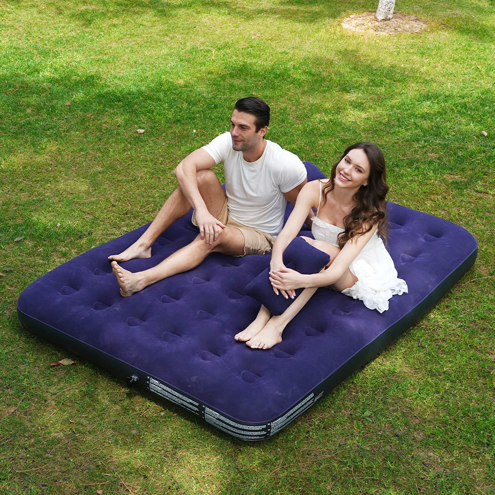 COMCO Camping Inflatable Mattress PVC Inflatable Bed Portable Surface Flocked Outdoor Sleeping Air Bed Without Pump