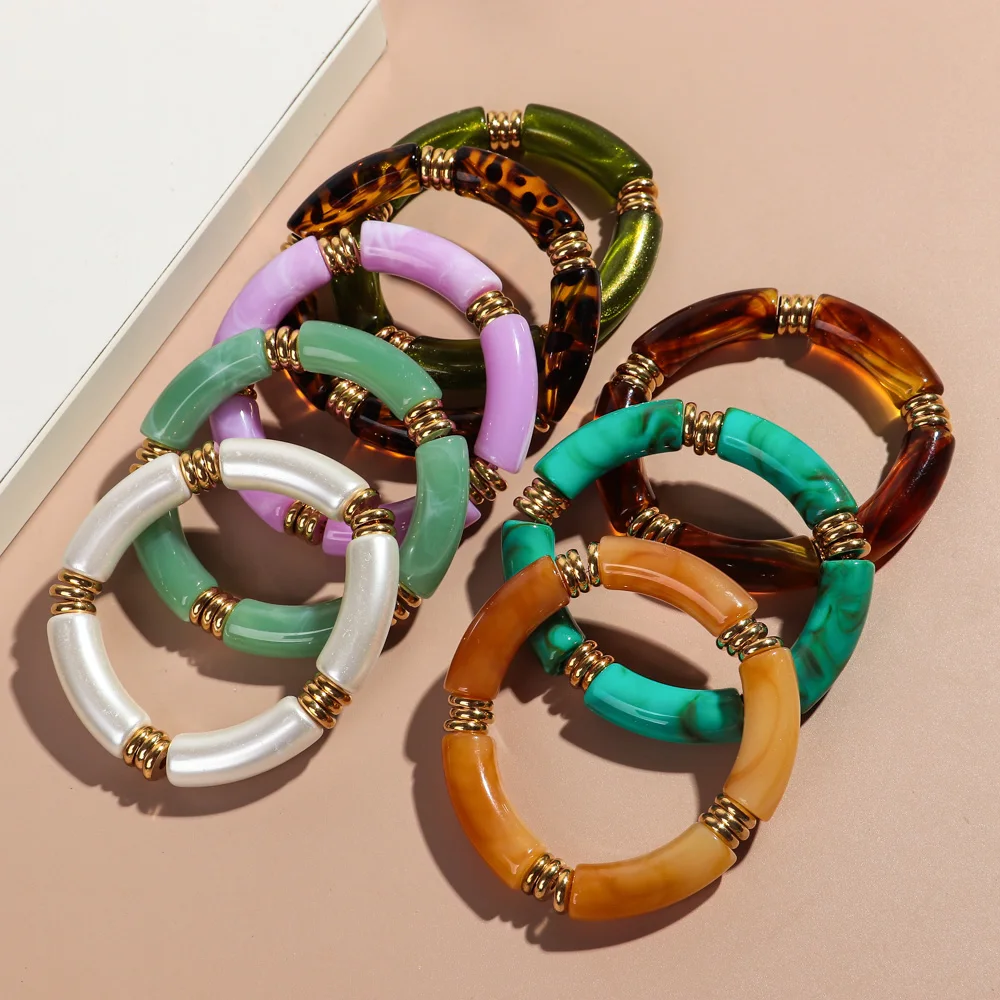 Bohemian Style Colored Marble Resin Bangle Fashion Jewelry Eco-friendly Metal Spacer Tube Bead Acrylic Bracelet Wholesale