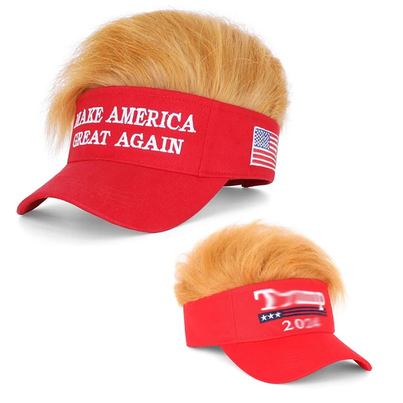 Wholesale  5 Panel Embroidery Logo MAGA Make America Great Again Hat Custom Red Baseball Cap With Wig