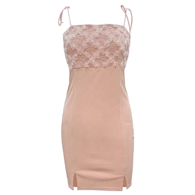 
Suspender pink lace up waist closed bra wrap hip split sweet fashion holiday fashion wrap dress 