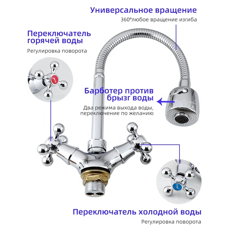 2023 New Silver Double handle Kitchen faucet Mixer Cold and Hot Kitchen Tap Single Hole Water Tap F4319