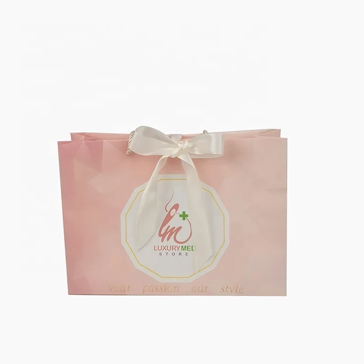 wholesale luxury pink cardboard wedding gift paper bags with handle gold ribbon
