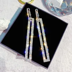 SHHE507 Korean Style Geometric Square Rhinestone Drop Earrings Long Diamond Crystal Rectangle Dangle Earrings with Crystal