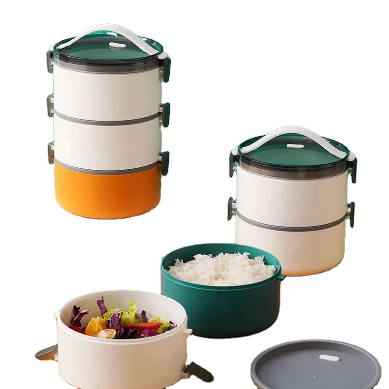2/3 Layer Compartment Stackable Plastic Round Tiffin Bento Lunch Box Microwave Safe Leakproof Kid Adult Food Storage Container
