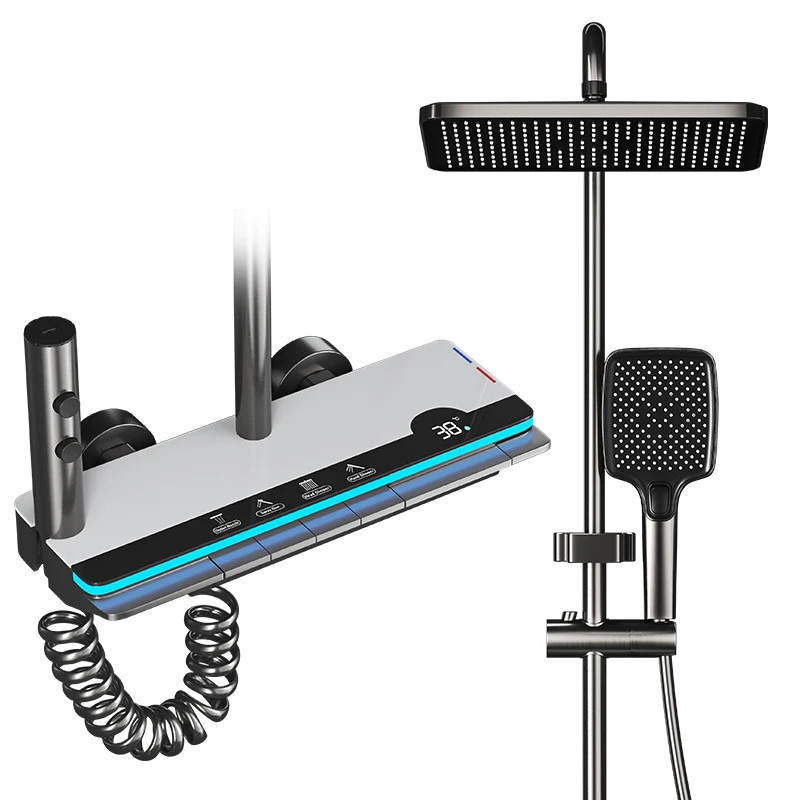 New Full Brass LED Digital Hot Cold Faucet Set Bathtub Grey Rainfall Shower System Massage Soft Pressurized Bath Shower Set