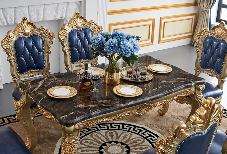 European Marble Rectangular Dining Table And Chairs Set Gold High-Grade Double Sided Carved Leather Dining Chairs Set
